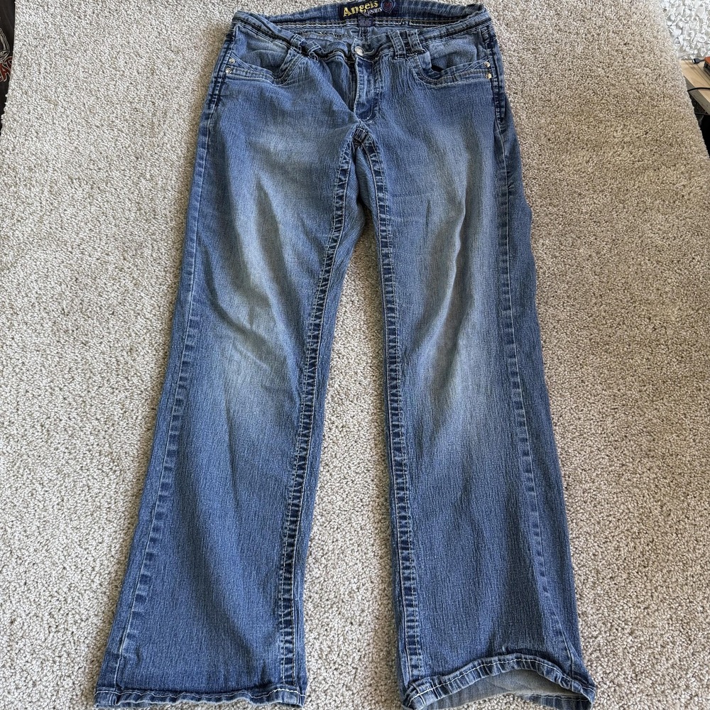 Angels Straight Jeans Womens 14W Med Wash Blue Embroidered Studded Stretch Denim